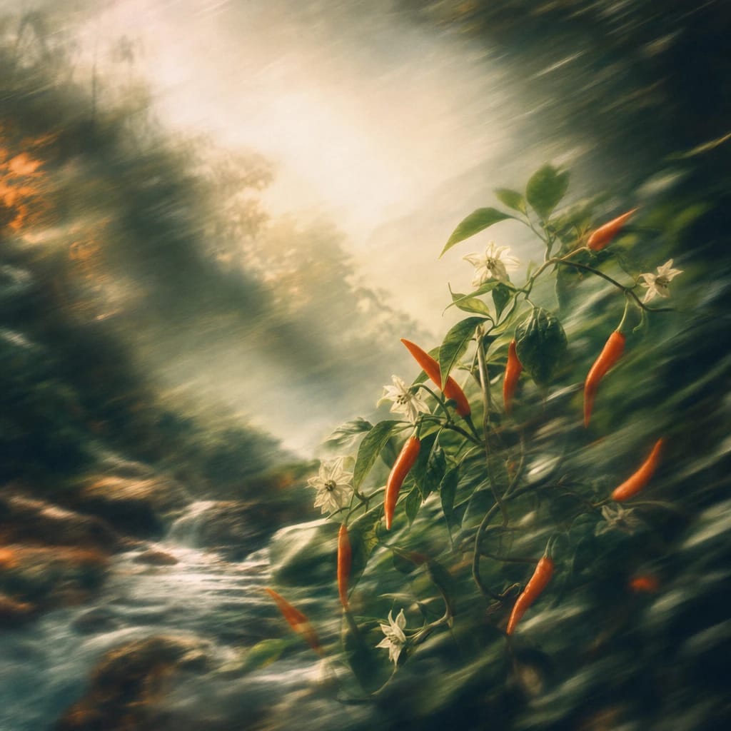 Stylized scene featuring a wild chili pepper plant with twisting stems and vivid ripe peppers nestled in sun-dappled forest undergrowth, rendered in deep forest green, off-white, and warm orange