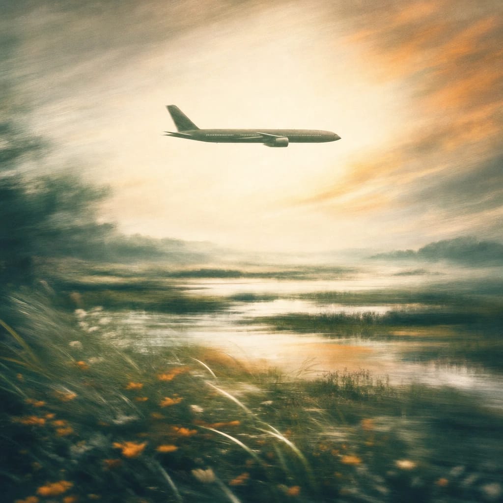 Stylized scene featuring a large passenger airplane in clear side profile above misty wetlands and open sky, rendered in deep forest green, off-white, and warm orange