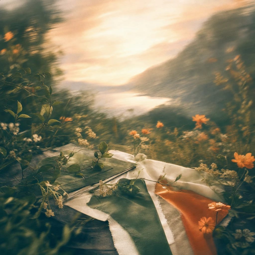 Stylized scene featuring a creative workspace with fabric swatches draped over a leafy outdoor table, surrounded by wildflowers and threading vines, rendered in deep forest green, off-white, and warm orange