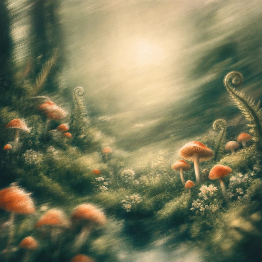 Stylized scene featuring a playful cluster of brightly colored mushrooms scattered among mossy forest ground with curling ferns and a hint of soft sunlight, rendered in deep forest green, off-white, and warm orange