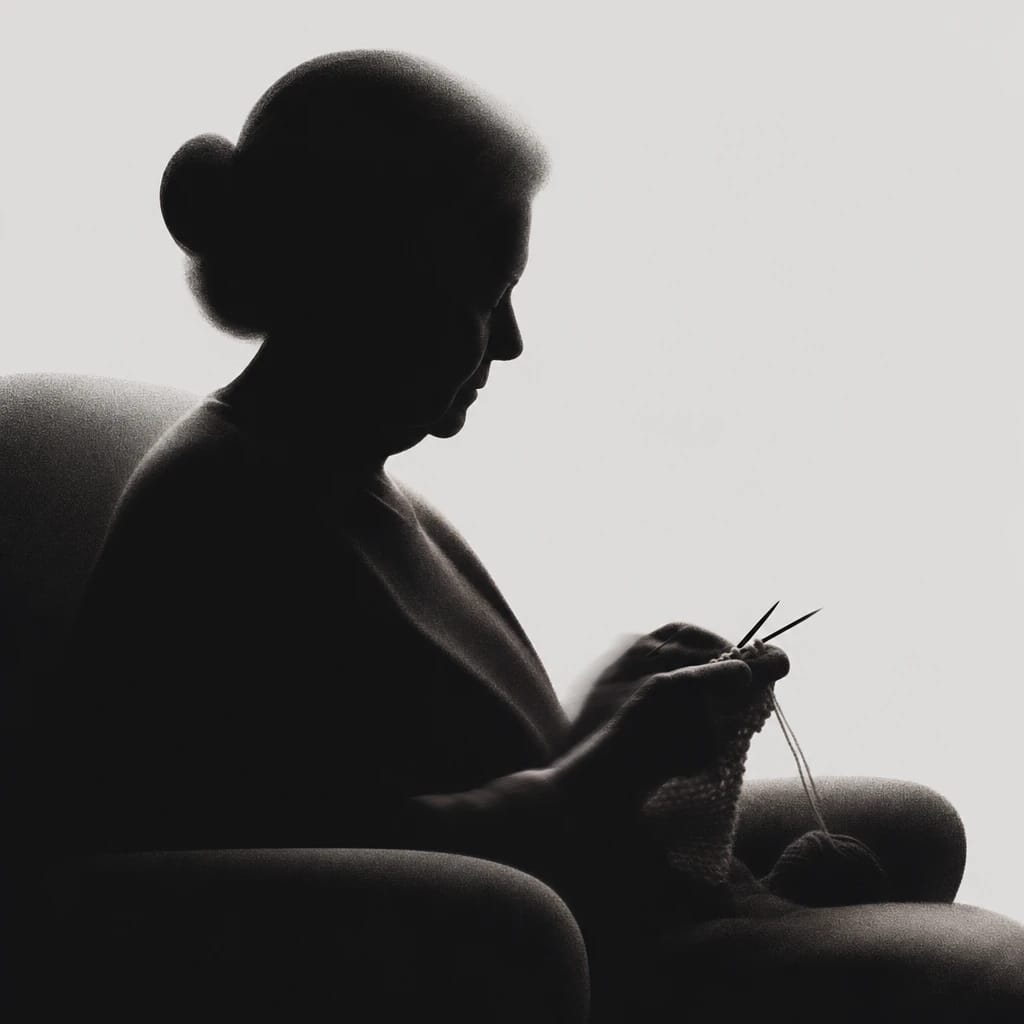 Stylized scene featuring elderly woman knitting in a cozy armchair, rendered in #D7D5D5