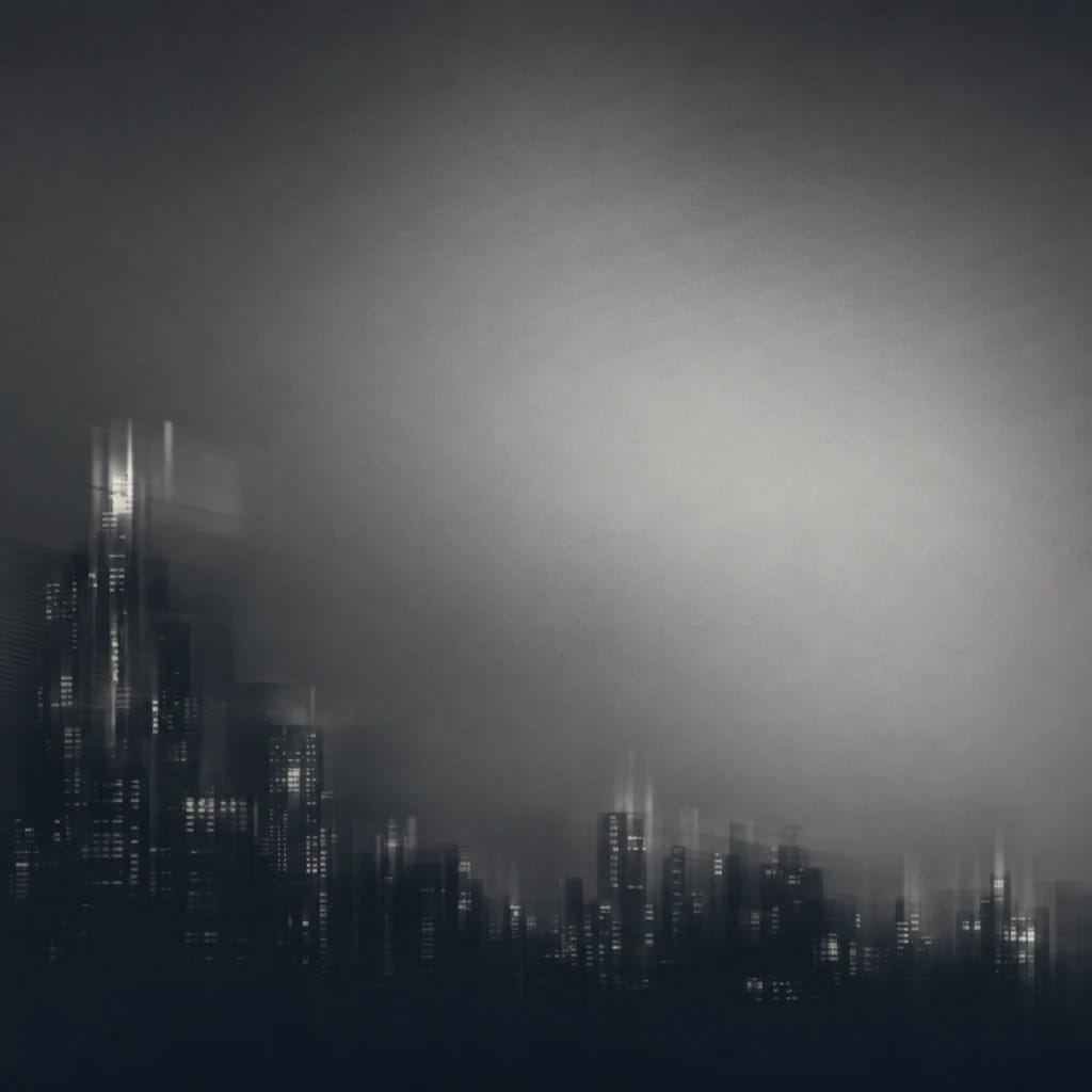 Stylized scene featuring silhouetted city skyline under twilight with glowing windows, rendered in charcoal gray #41454A