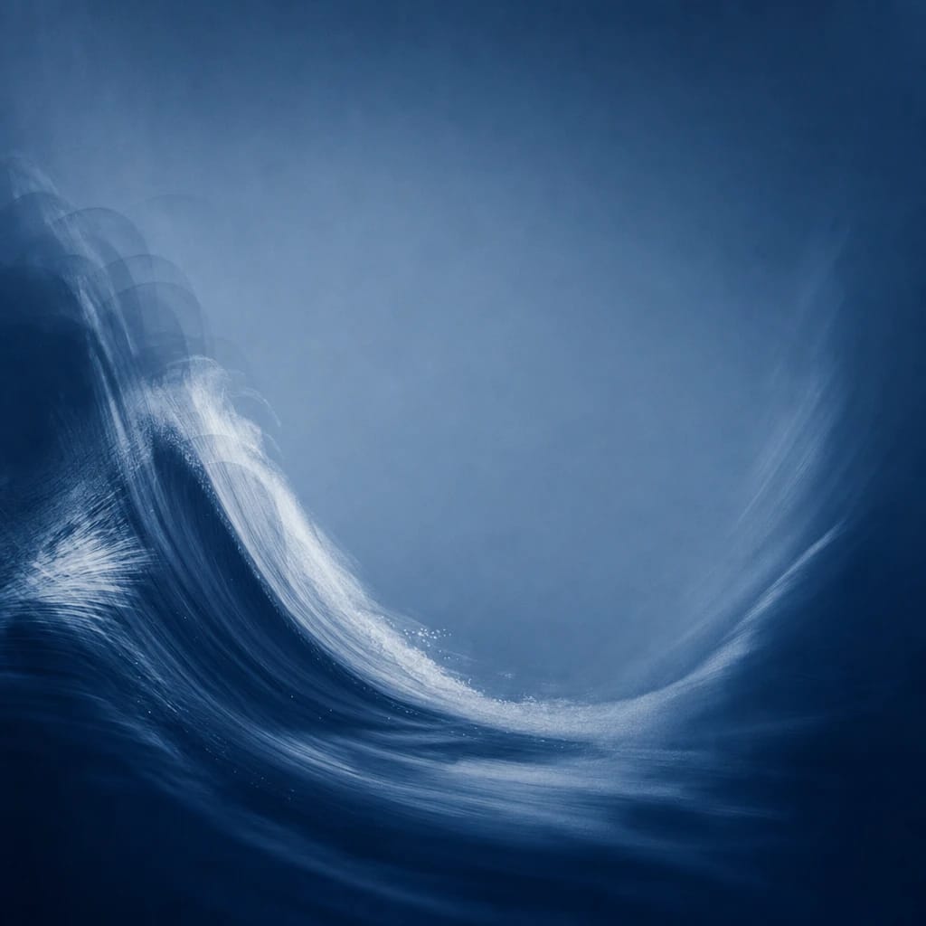 Stylized scene featuring silhouette of a relaxed figure balanced on a curling wave, rendered in deep cobalt #173E8F