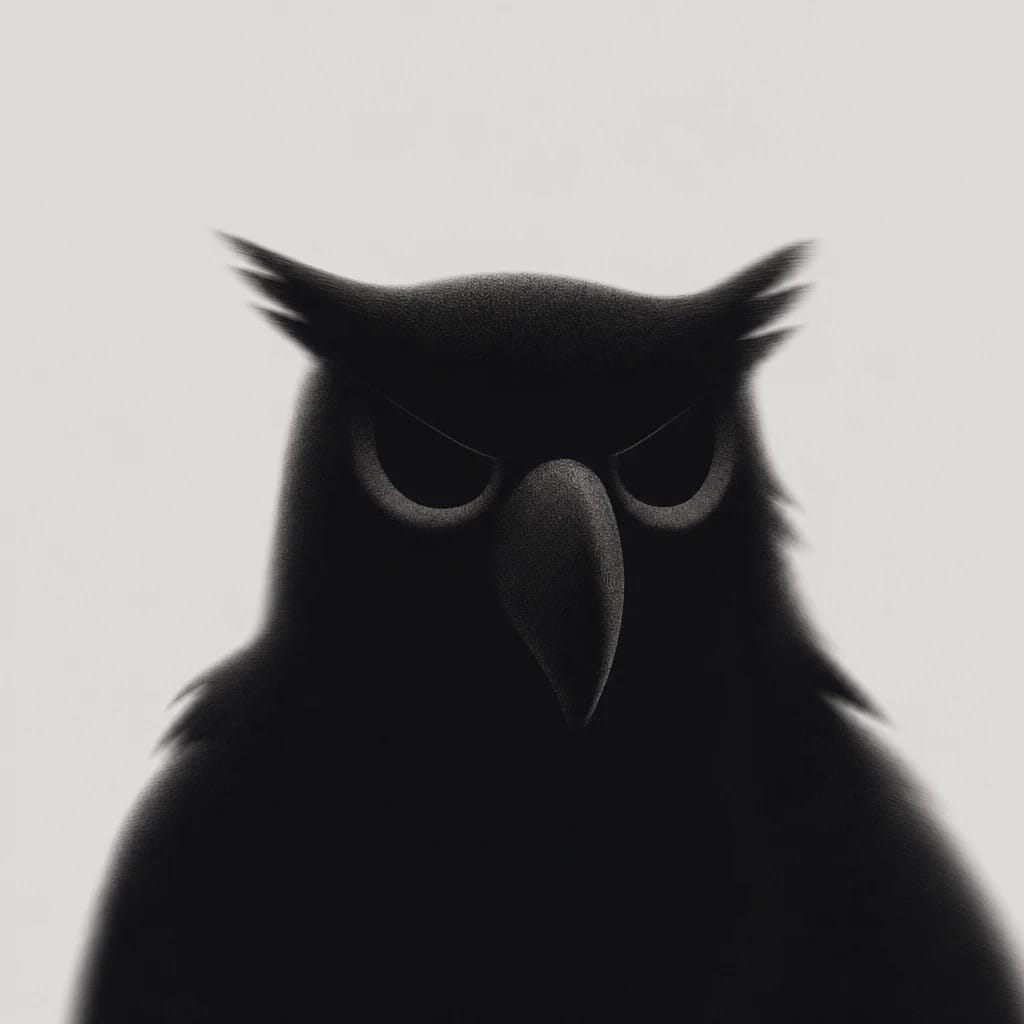 Stylized scene featuring cartoon owl with oversized nose, rendered in #D7D5D5