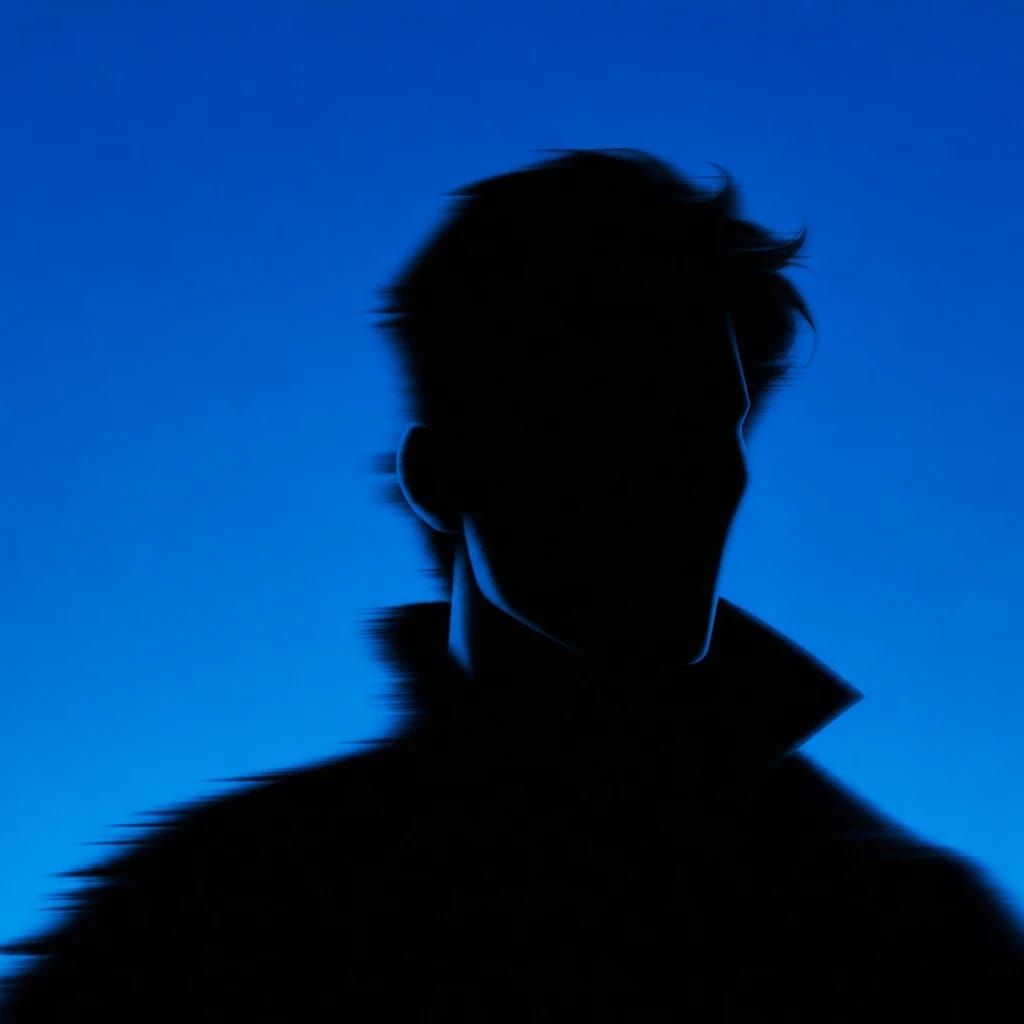 Stylized scene featuring confident animated human character standing, subtle motion blur, rendered in #004CB6
