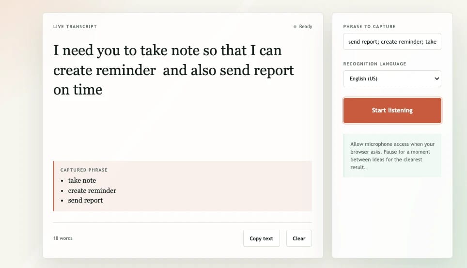 Speech capture interface showing a transcript and captured phrases for reminders and reports.