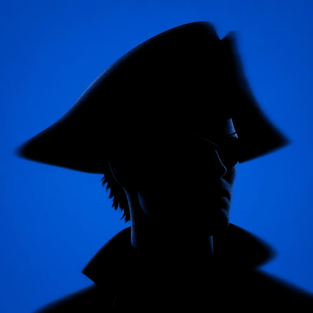 Stylized scene featuring male pirate with tricorn hat and eyepatch, rendered in #004CB6