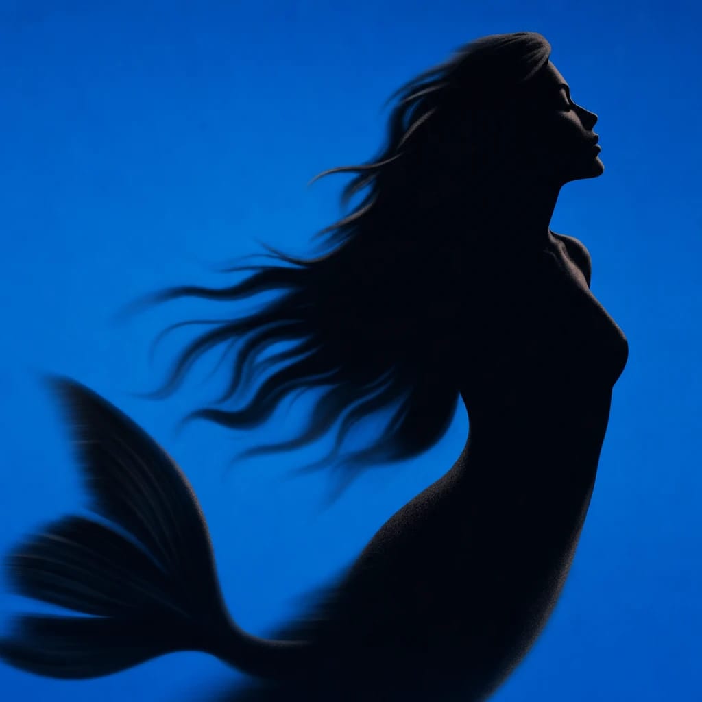 Stylized scene featuring serene mermaid with flowing hair and tail, rendered in #004CB6