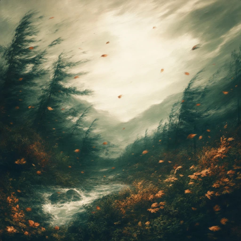 Stylized scene featuring storm-tossed pine trees bending in a gusty wind, scattered orange leaves swirling above dark forest undergrowth, rendered in deep forest green, off-white, and warm orange