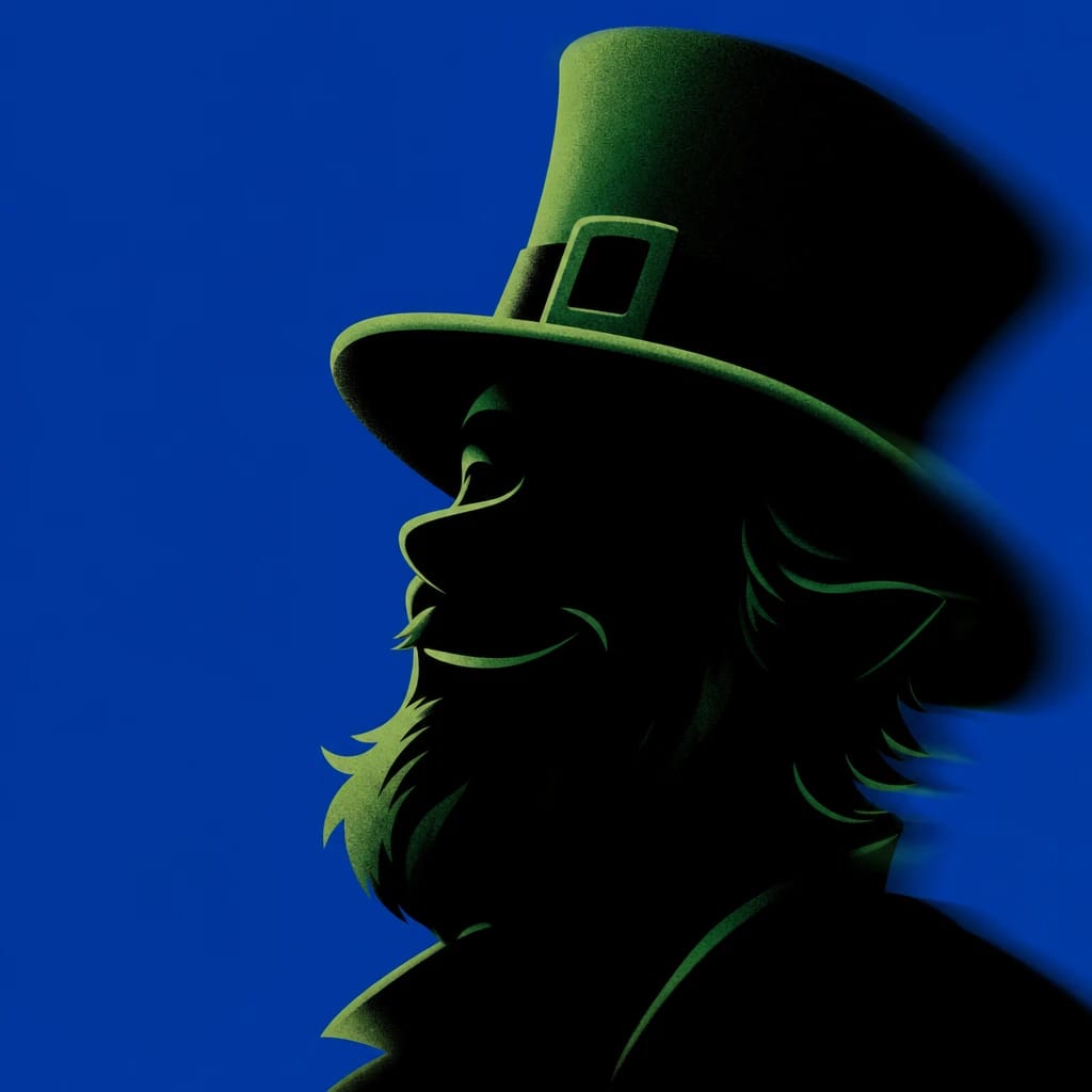 Stylized scene featuring smiling leprechaun with green hat, rendered in #004CB6