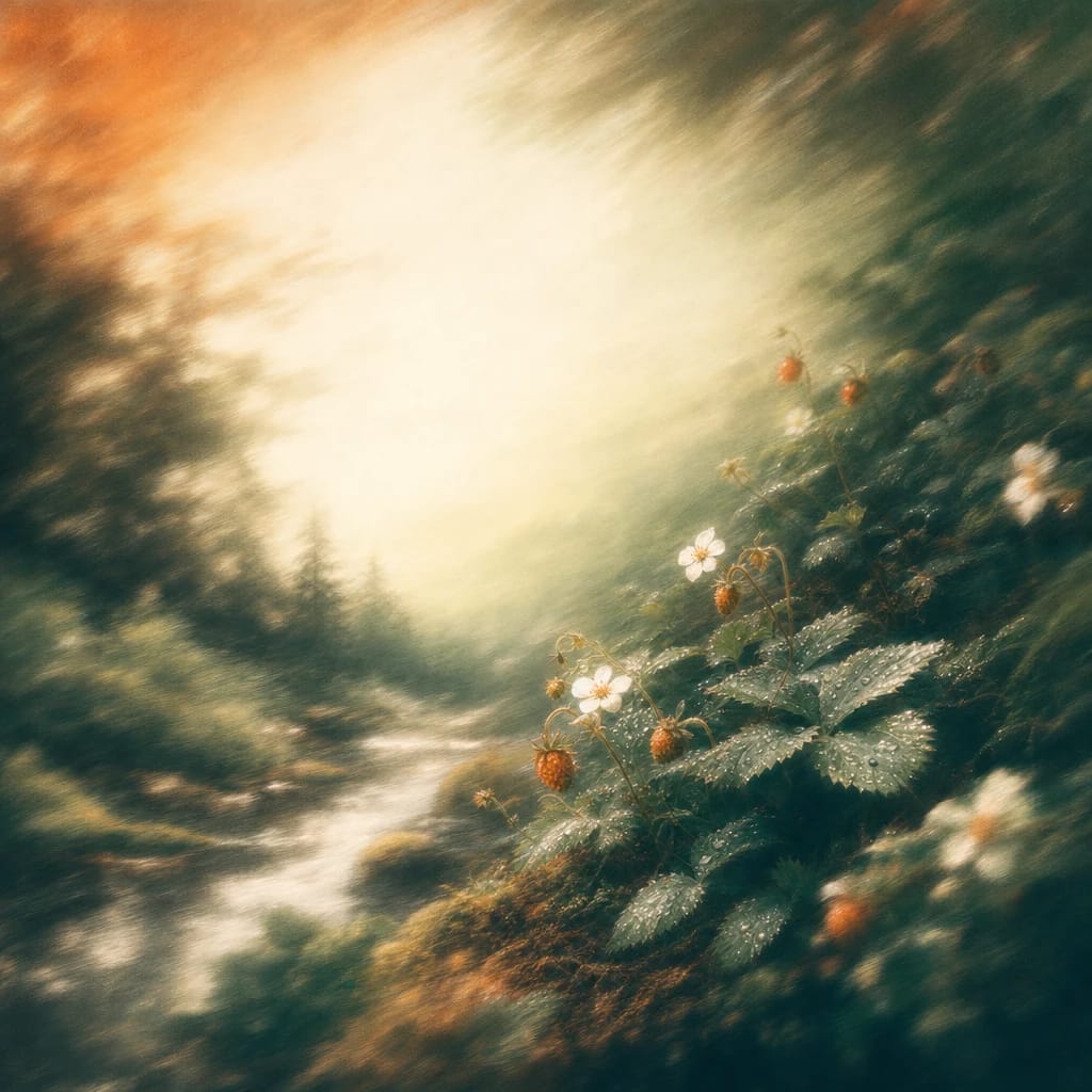 Stylized scene featuring a dew-covered wild strawberry patch nestled in lush forest under dappled light, rendered in deep forest green, off-white, and warm orange