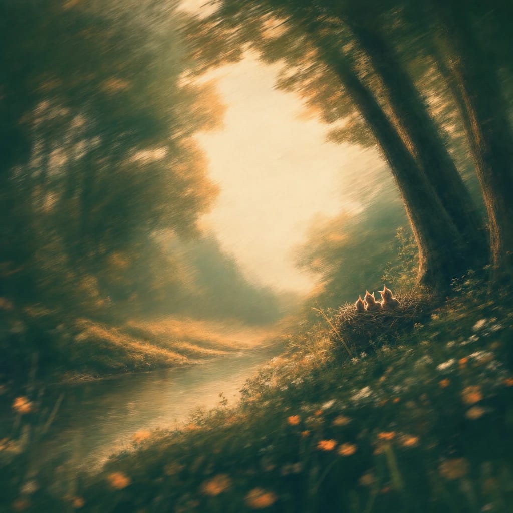 Stylized scene featuring a grove of tall trees sheltering a nest of young birds beneath leafy canopies and dappled sunlight, rendered in deep forest green, off-white, and warm orange