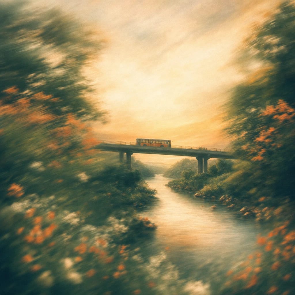 Stylized scene featuring a city bus crossing an elevated bridge surrounded by lush riverbanks and leafy trees, rendered in deep forest green, off-white, and warm orange