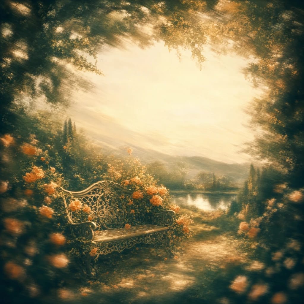 Stylized scene featuring an ornate garden bench draped in blooming vine roses beneath overlapping tree canopies, sunlight dappling the scene, rendered in deep forest green, off-white, and warm orange