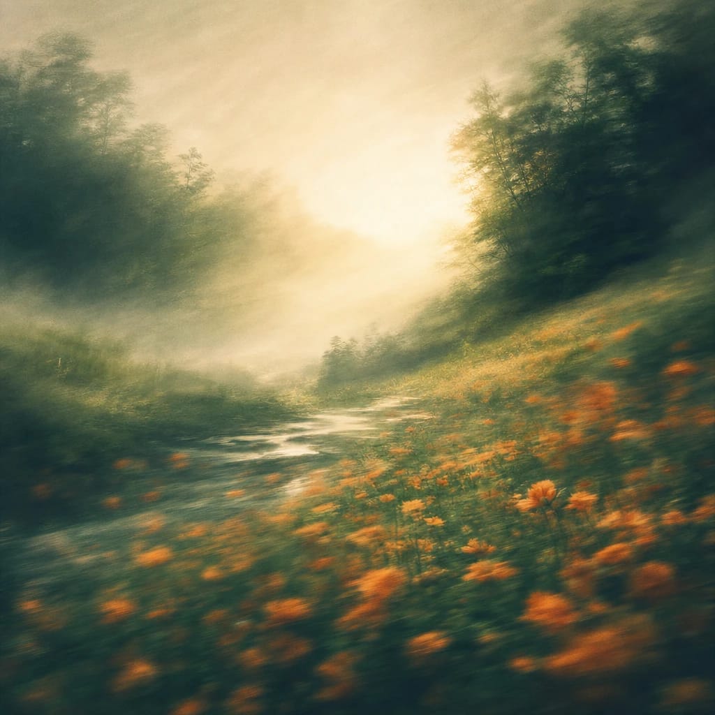 Stylized scene featuring morning mist rising over a sunlit forest clearing dotted with orange wildflowers, rendered in deep forest green, off-white, and warm orange