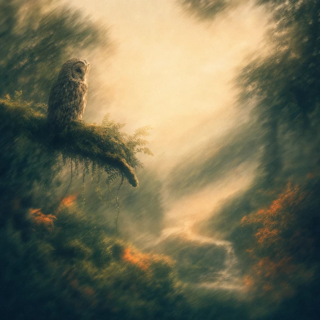 Stylized scene featuring a wise owl perched on a mossy forest branch with ferns and soft evening light filtering through the canopy, rendered in deep forest green, off-white, and warm orange
