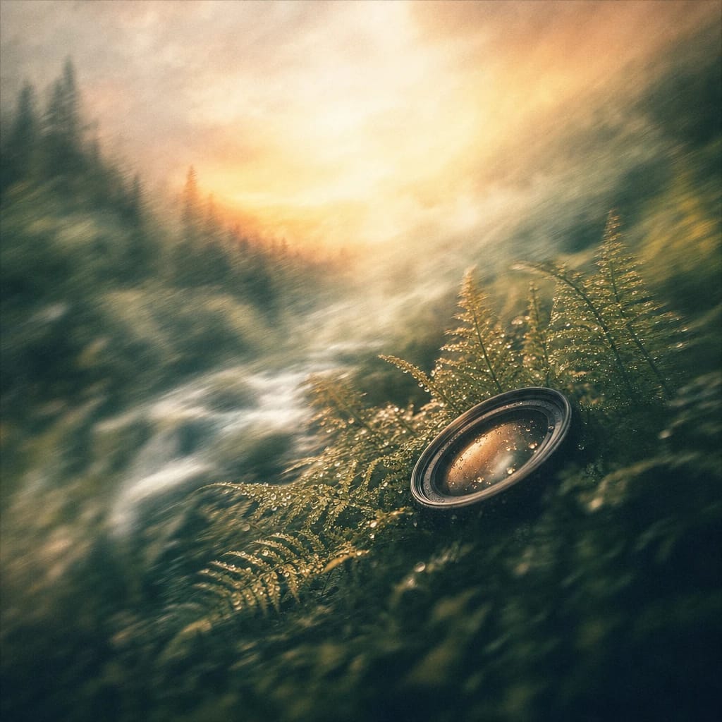 Stylized scene featuring a camera lens nestled among dew-covered fern leaves in morning forest light, rendered in deep forest green, off-white, and warm orange