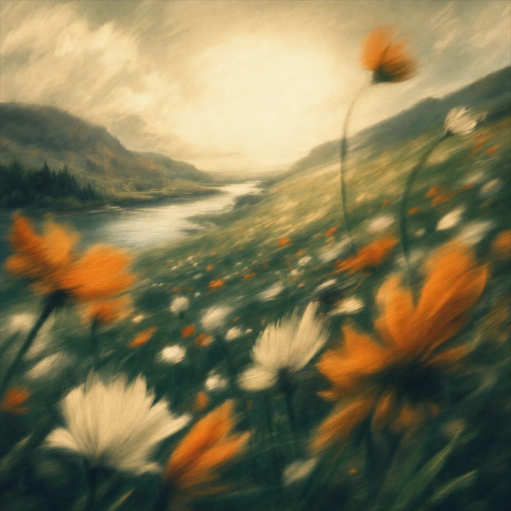 Stylized scene featuring rolling hillside with oversized wildflowers blooming at odd, whimsical angles, rendered in deep forest green, off-white, and warm orange