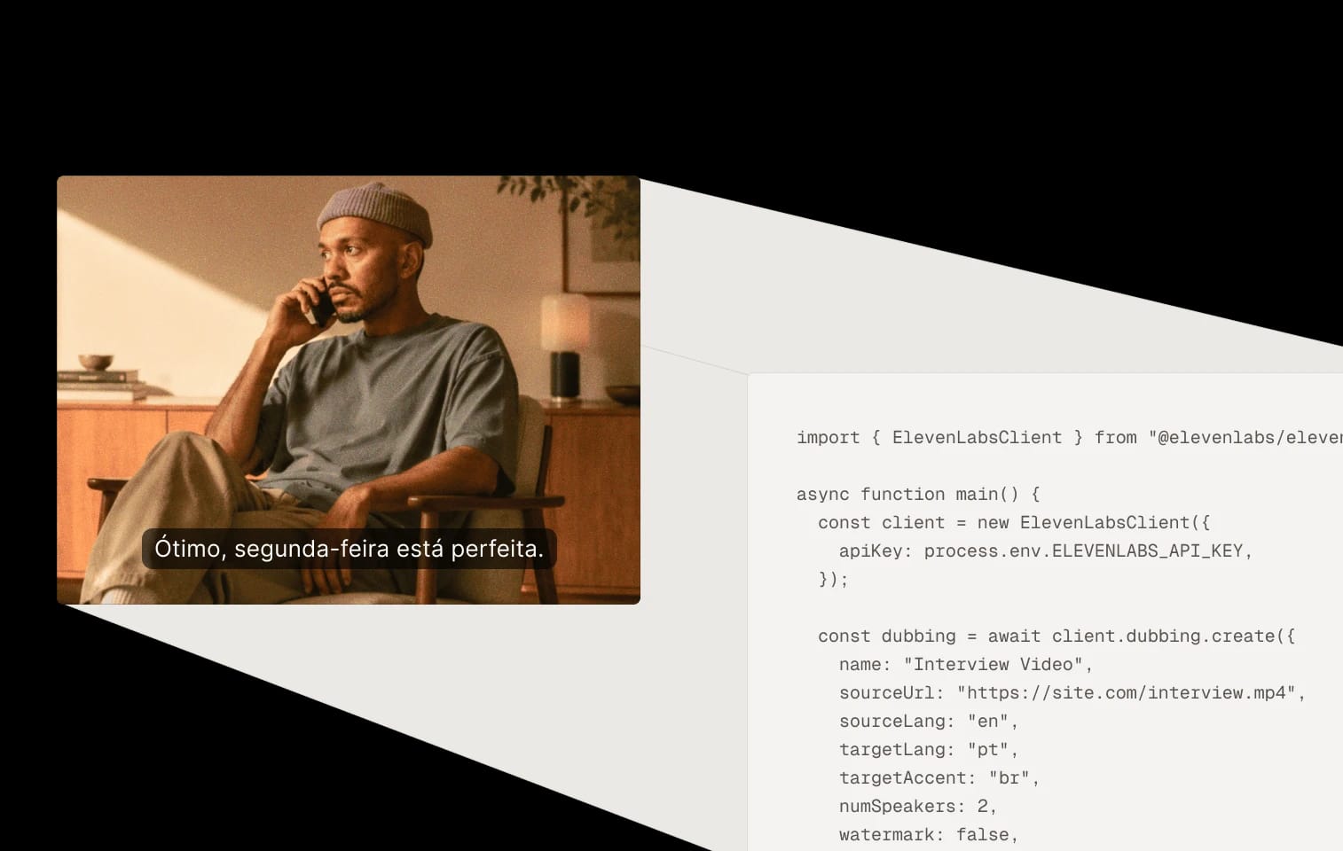 A man on the phone, with code demonstrating video dubbing using ElevenLabs API.