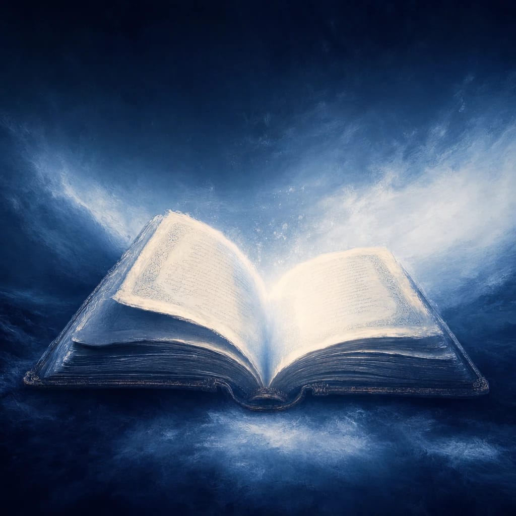 Stylized scene featuring open vintage book with gentle glowing pages, rendered in #DFE8F3 and #020A2F