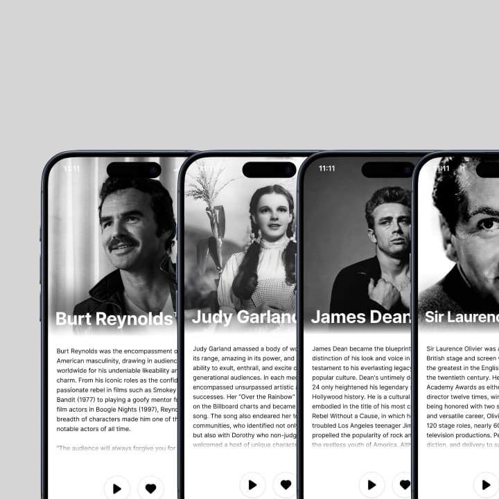 Three smartphones displaying black-and-white images and biographies of Burt Reynolds, Judy Garland, and James Dean.