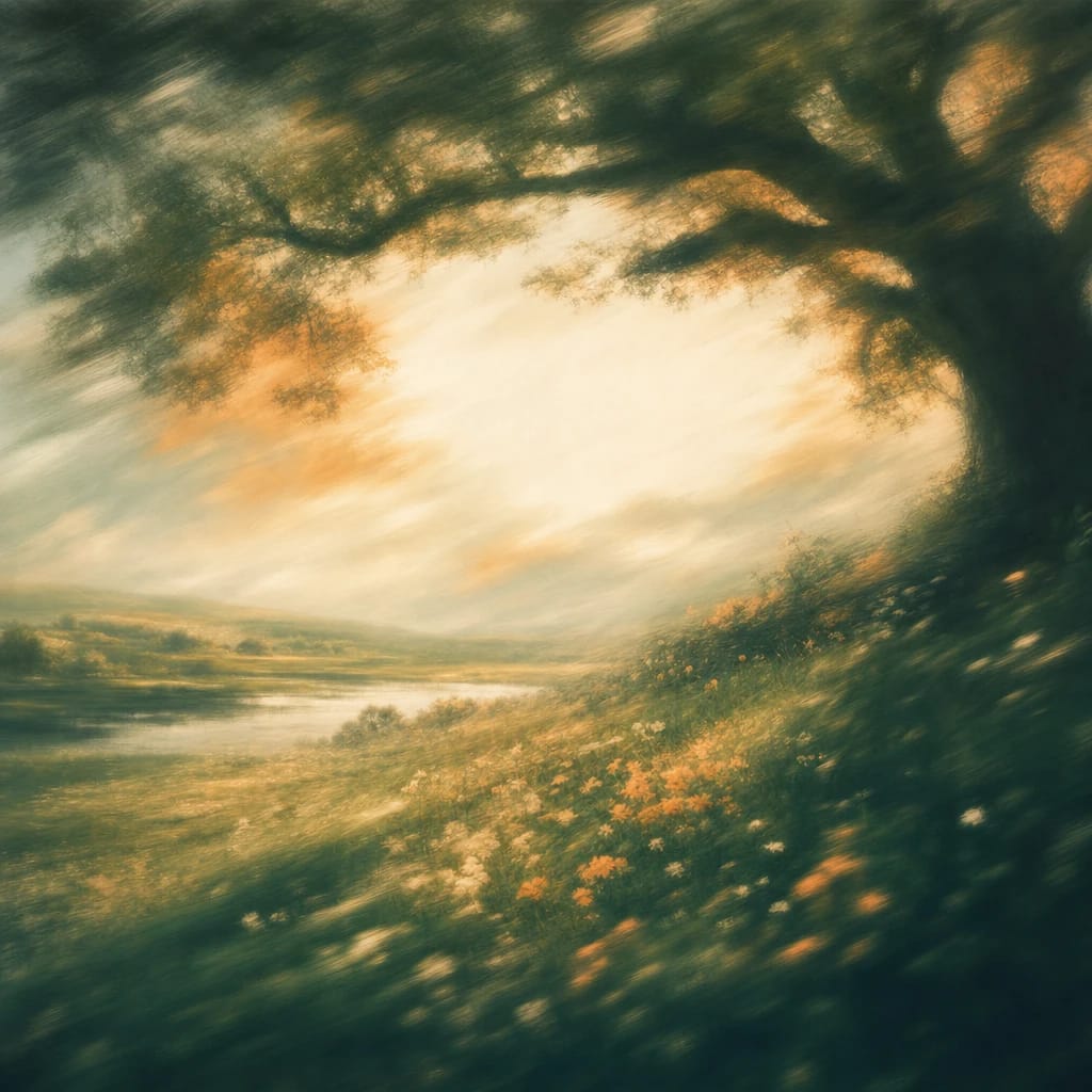 Stylized scene featuring a sturdy oak tree with wide, embracing branches over lush green grass under a calm sky, rendered in deep forest green, off-white, and warm orange