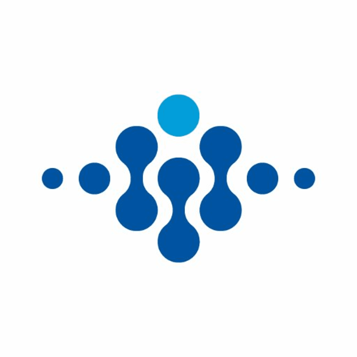 A symmetrical abstract design composed of blue circles of varying sizes arranged in a diamond shape.