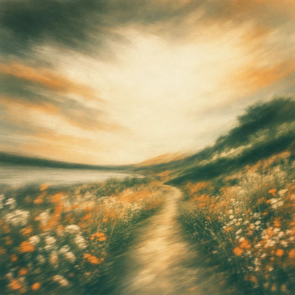 Stylized scene featuring a winding country lane bordered by wildflowers and golden grasses under a wide, sunlit sky, rendered in deep forest green, off-white, and warm orange