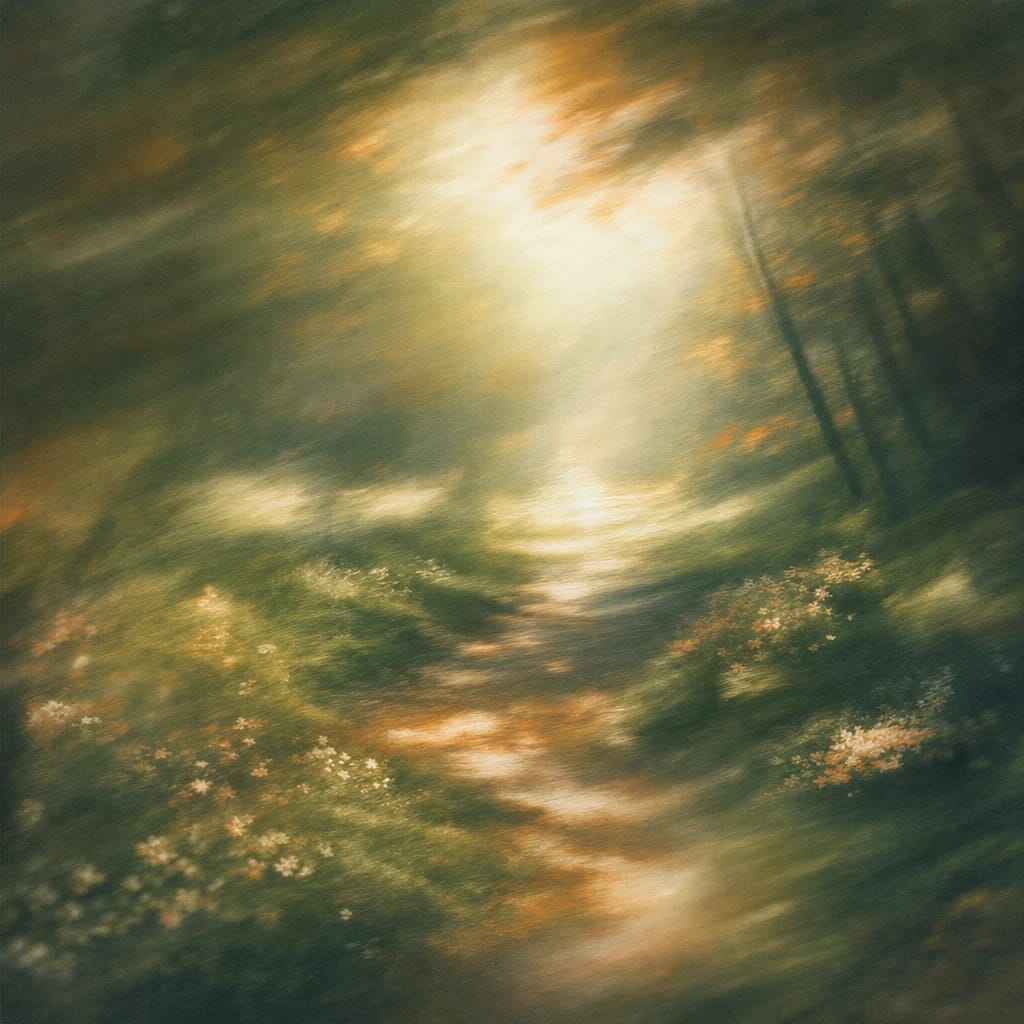 Stylized scene featuring a sun-dappled woodland path bordered by soft moss and early wildflowers, gentle sunlight filtering through leafy branches, rendered in deep forest green, off-white, and warm orange