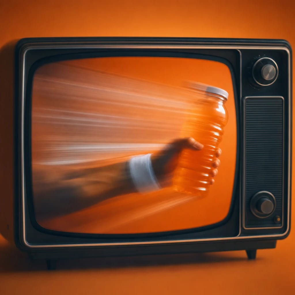 Stylized scene featuring a classic television set displaying a glossy product ad with vivid packaging, rendered in off-white, blue