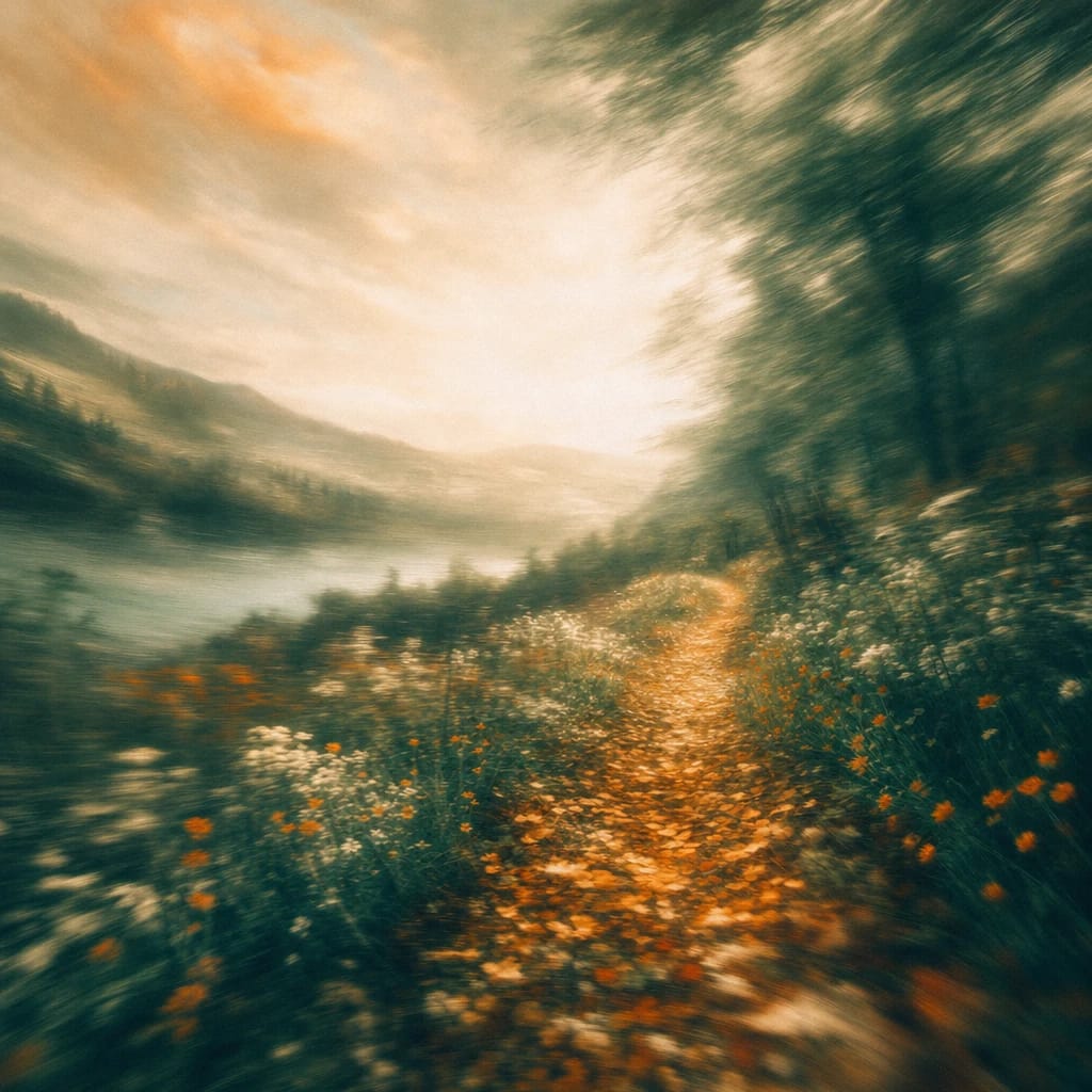 Stylized scene featuring a winding forest path carpeted with fallen leaves, bordered by wildflowers and lush greenery, rendered in deep forest green, off-white, and warm orange