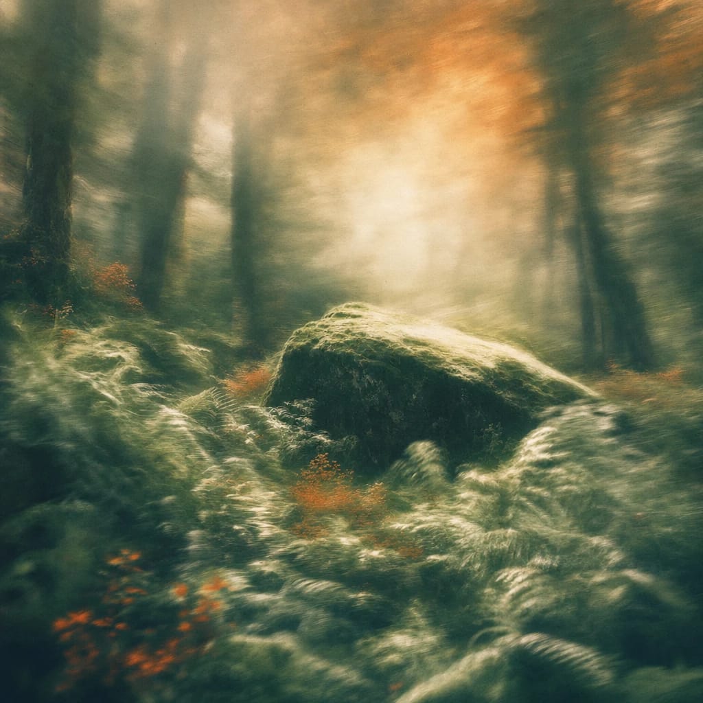 Stylized scene featuring a sturdy, moss-covered boulder flanked by tangled wild ferns and dappled light beneath towering forest trees, rendered in deep forest green, off-white, and warm orange