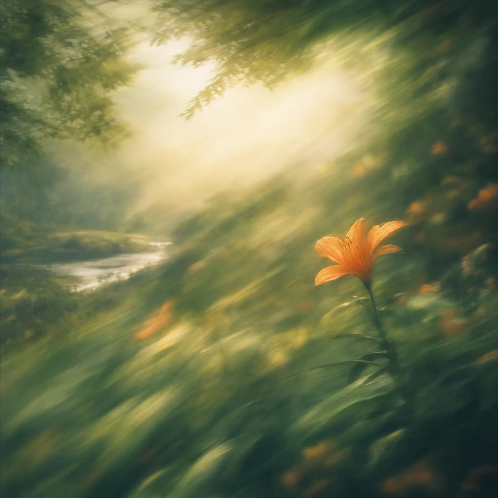 Stylized scene featuring sunlight filtering through dense, emerald green forest foliage with a single blooming orange flower in focus, rendered in deep forest green, off-white, and warm orange