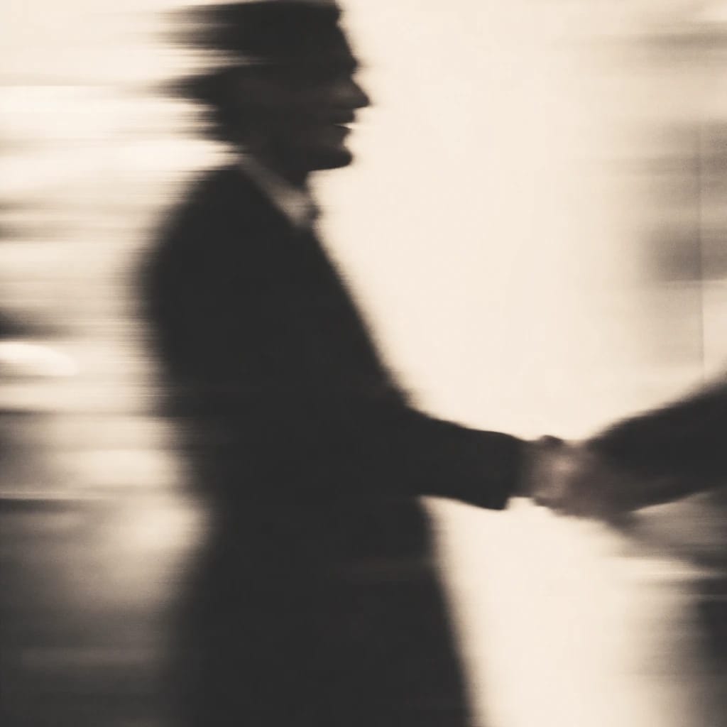 Stylized scene featuring smiling car salesman shaking hands in front of showroom, rendered in deep green, gray