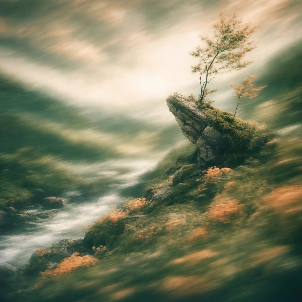 Stylized scene featuring weathered boulder jutting from mossy forest floor under resilient saplings, rendered in deep forest green, off-white, and warm orange
