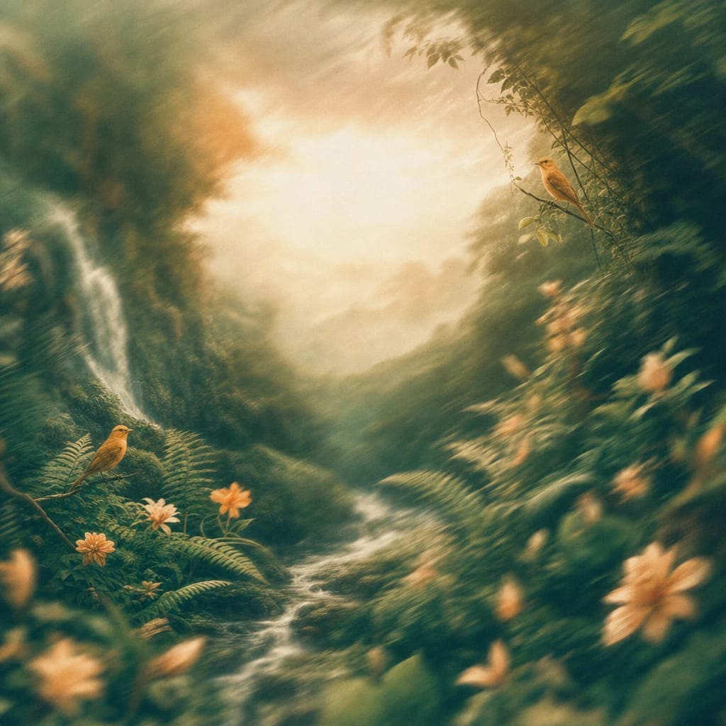 Stylized scene featuring golden songbirds perched amid lush forest ferns and sun-dappled vines, rendered in deep forest green, off-white, and warm orange