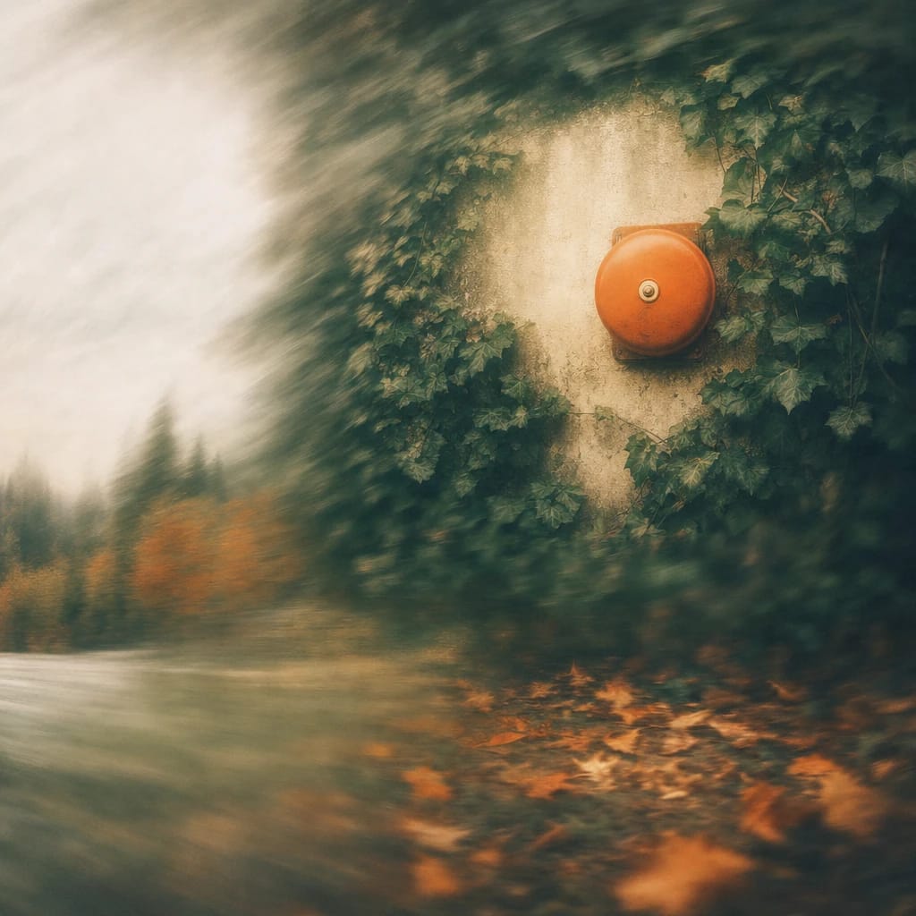 Stylized scene featuring a bright orange fire alarm bell mounted on a wall surrounded by lush green ivy and scattered autumn leaves on the ground, rendered in deep forest green, off-white, and warm orange