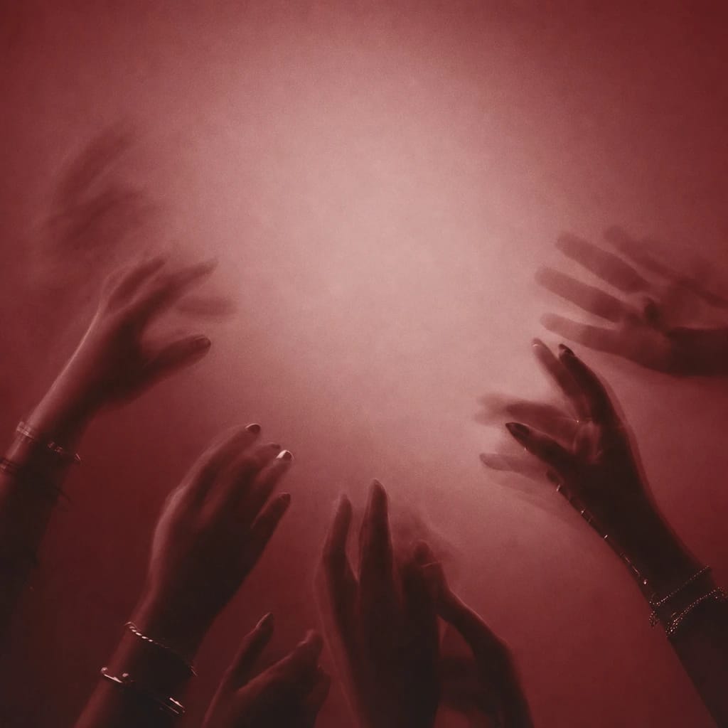 Stylized scene featuring a motion-blurred group of hands raised mid-gossip, with bracelets and painted nails, rendered in burgundy #7A1F2B