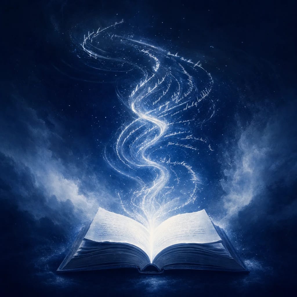 Stylized scene featuring open book with glowing, swirling text emerging, rendered in #DFE8F3 and #020A2F