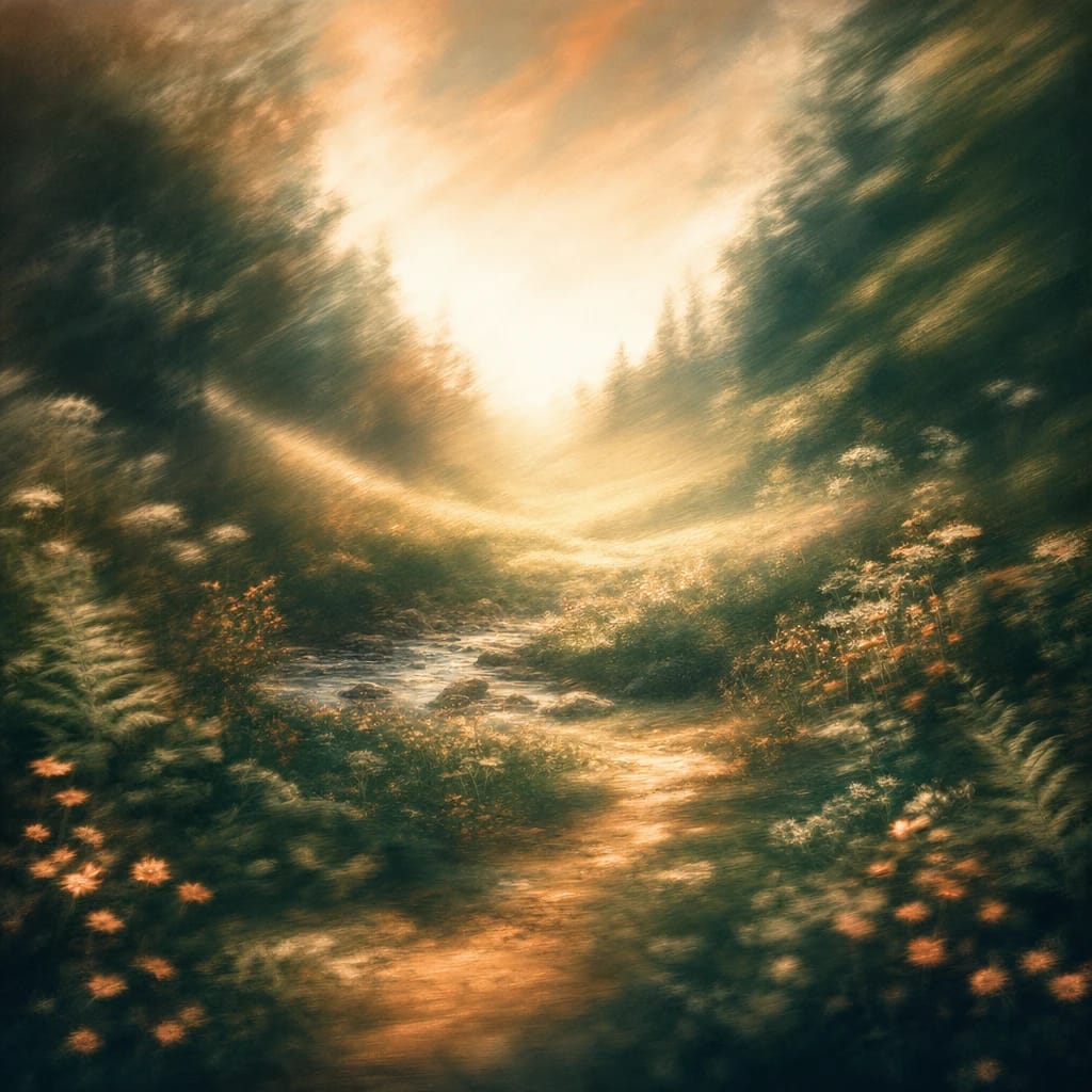 Stylized scene featuring a serene woodland clearing with soft ferns and wildflowers framing a sunlit pathway, a gently flowing stream in the mid-ground, rendered in deep forest green, off-white, and warm orange