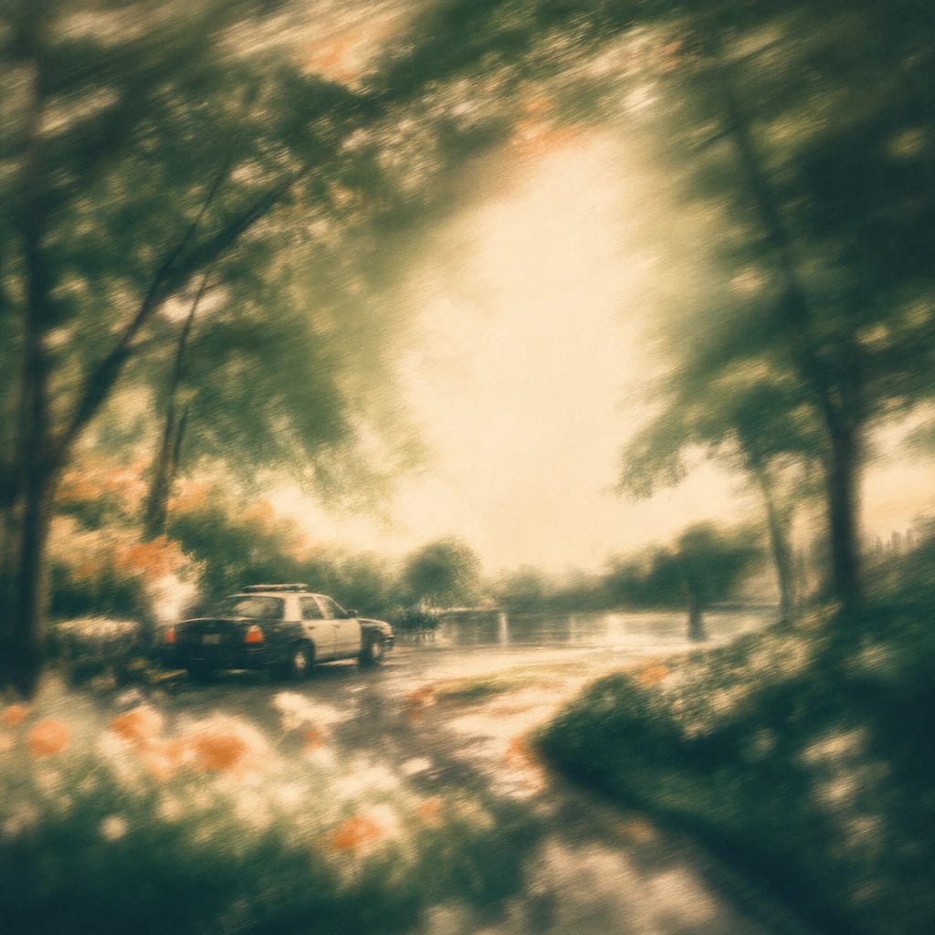 Stylized scene featuring a classic police cruiser parked on a leafy city street under dense green canopy with dappled sunlight, rendered in deep forest green, off-white, and warm orange