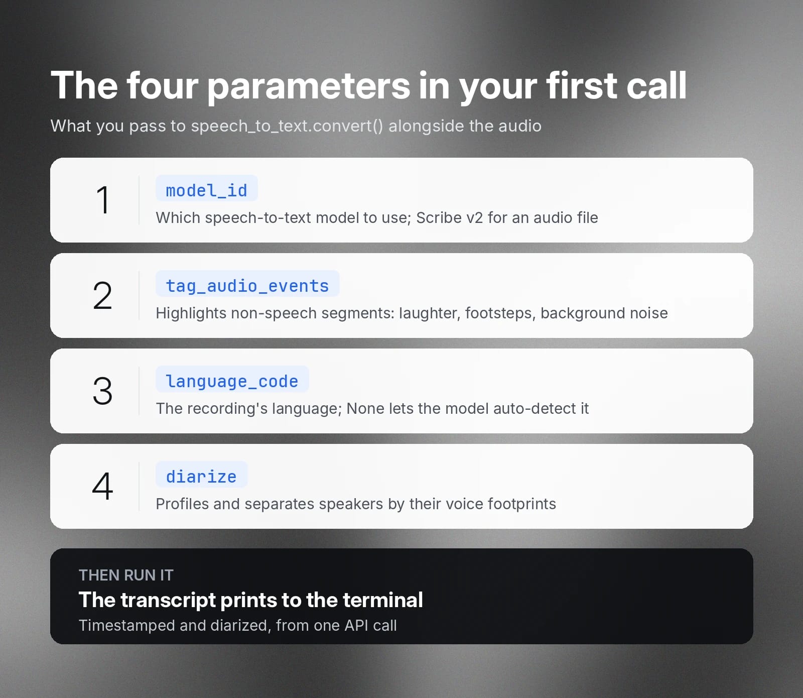 Speech-to-text API parameters: model, audio events, language, and speaker diarization.