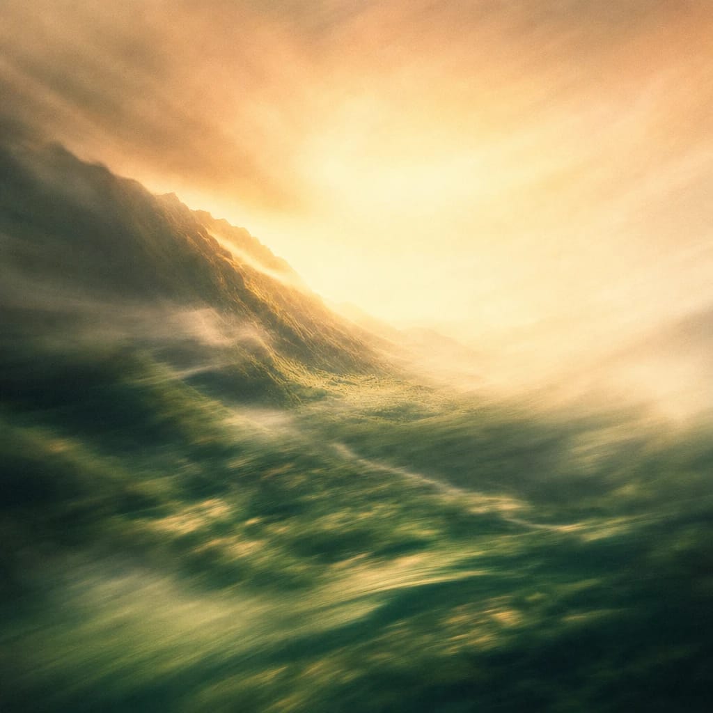 Stylized scene featuring sunlit mountain ridge above a lush green valley, morning mist hugging the slopes, rendered in deep forest green, off-white, and warm orange