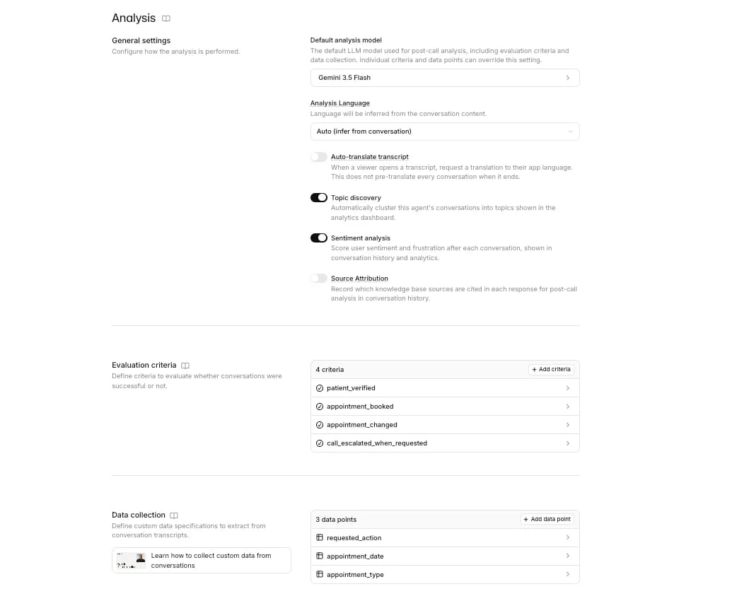 Analysis settings screen showing model, language, feature toggles, criteria, and data points.