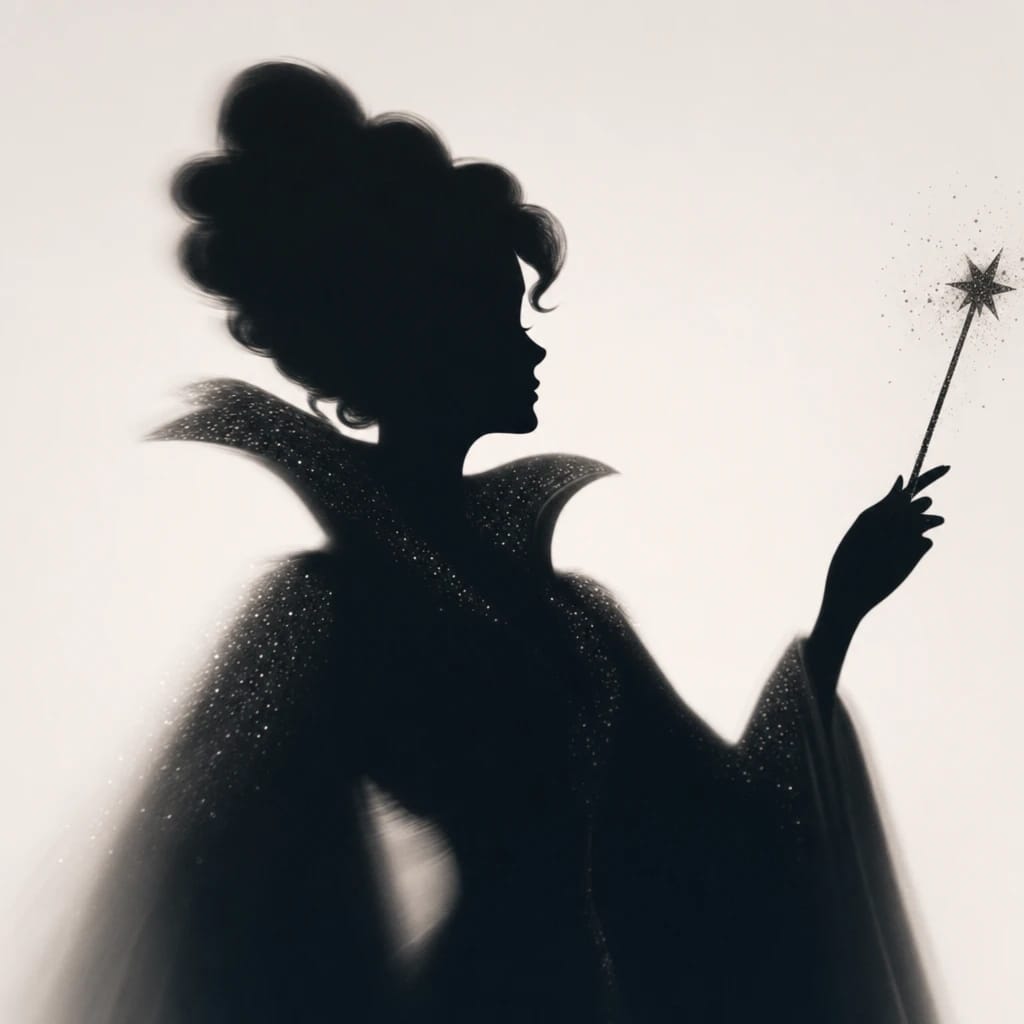 Stylized scene featuring a whimsical fairy godmother with a sparkling wand, rendered in #D7D5D5