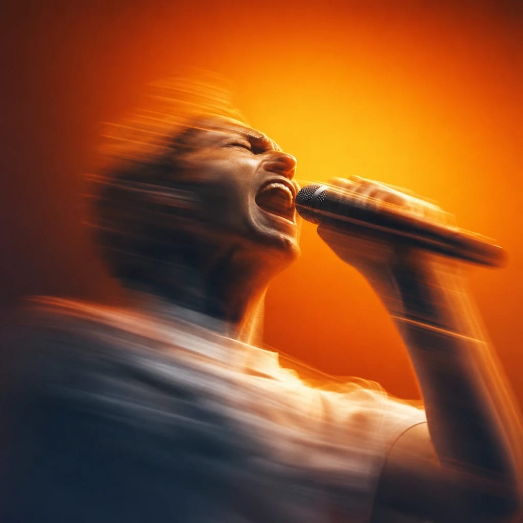Stylized scene featuring a spotlighted performer mid-song on stage, expressive pose, rendered in orange, deep green