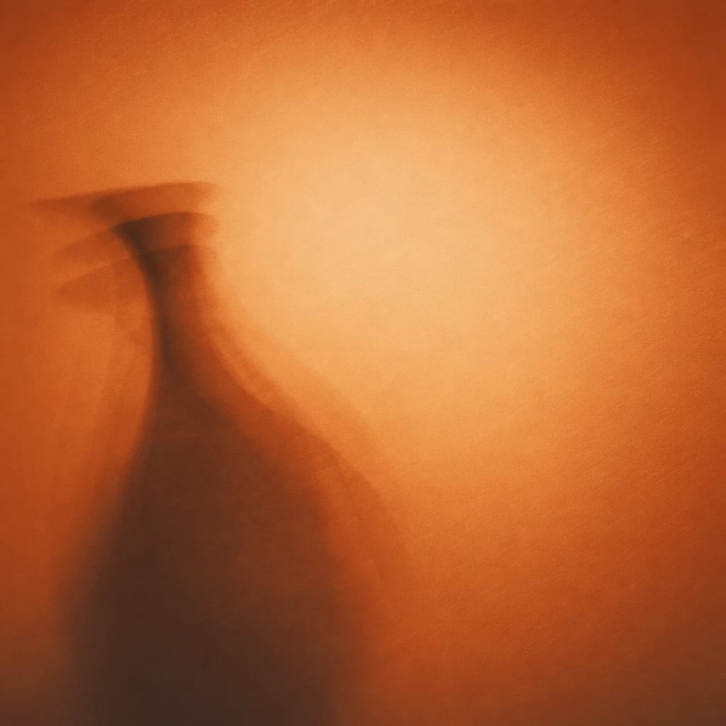 Stylized scene featuring a winking shadowy silhouette with one hand near the mouth, rendered in burnt orange #C94A18