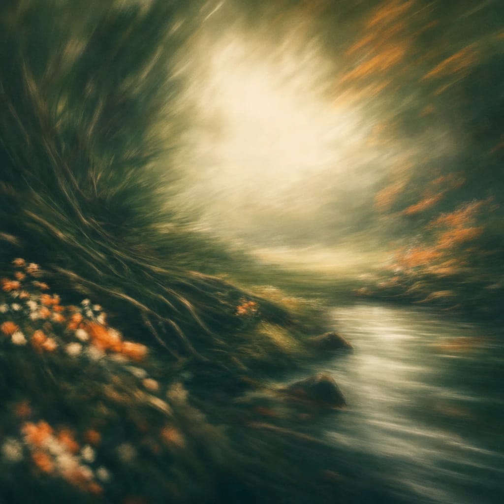 Stylized scene featuring a shadowed forest clearing with tangled roots and dappled light breaching thick foliage, rendered in deep forest green, off-white, and warm orange