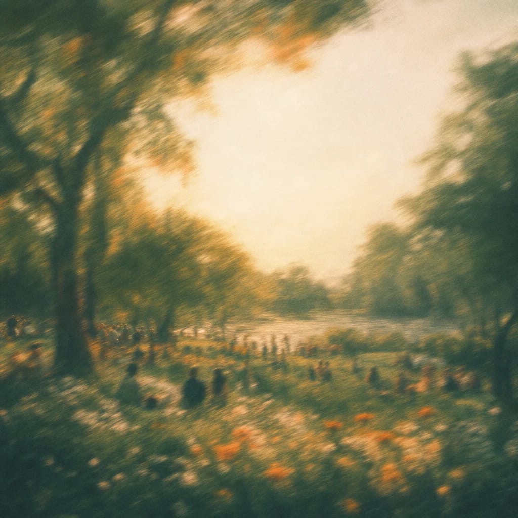 Stylized scene featuring a busy park scene with people gathering beneath leafy trees and dappled sunlight, rendered in deep forest green, off-white, and warm orange