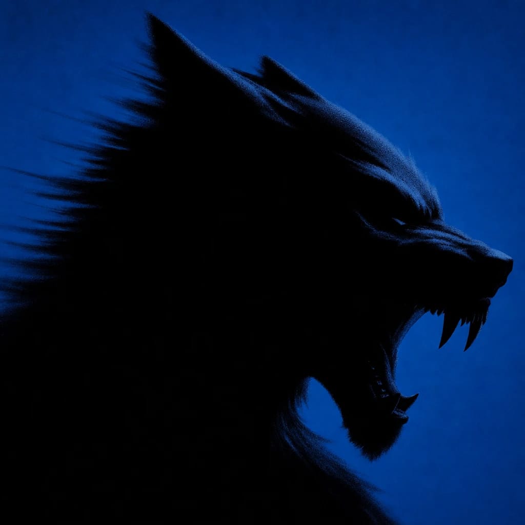 Stylized scene featuring snarling werewolf mid-roar, closeup on fierce face, rendered in #004CB6